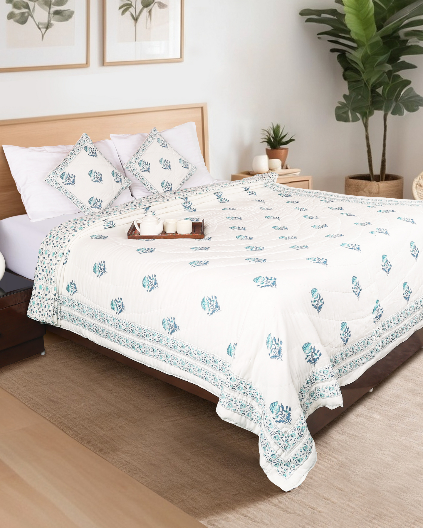 Hand Block Printed Reversible Double Bed Hand Quilting Quilt Set